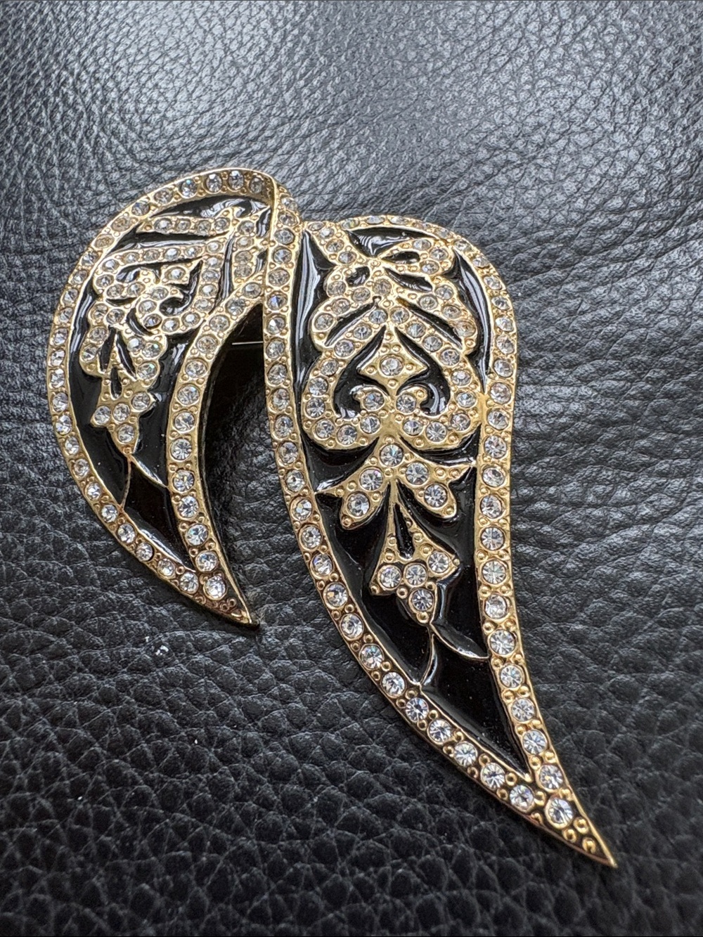 Vintage Butler Spanish Inspired Gold and Black Crystal Wing Brooch Madrid